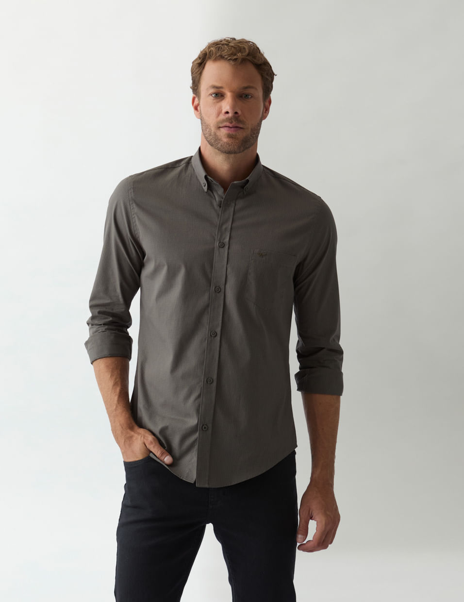 Camisa Manga Longa Urban Slim Fit Mini Grid Listra Dupla Verde